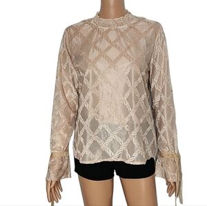 Molly Bracken Women's Cream Lace Shirt  Size S Small‎ Long Belt Sleeve Blouse